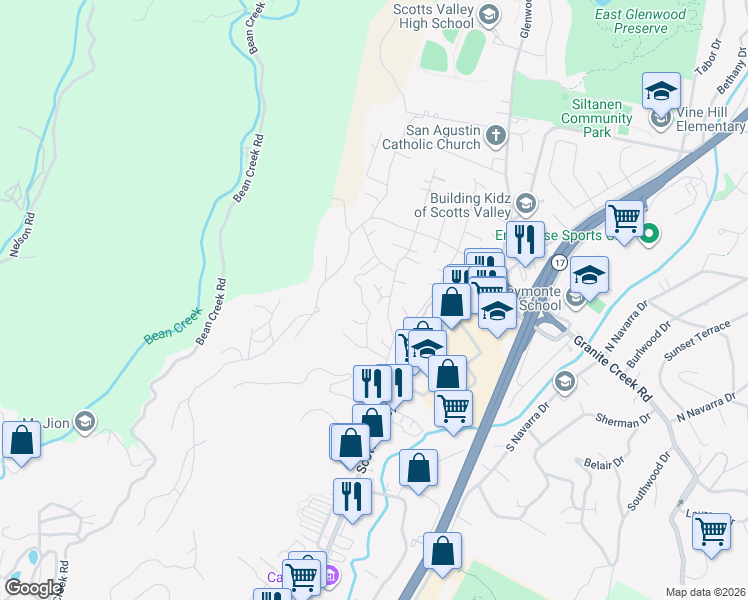 map of restaurants, bars, coffee shops, grocery stores, and more near 4 Tuscany Court in Scotts Valley