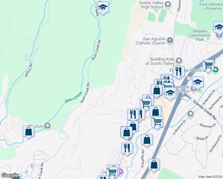 map of restaurants, bars, coffee shops, grocery stores, and more near 684 Cadillac Drive in Scotts Valley