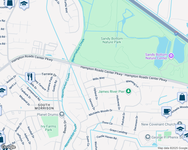 map of restaurants, bars, coffee shops, grocery stores, and more near 6 Mullins Court in Hampton
