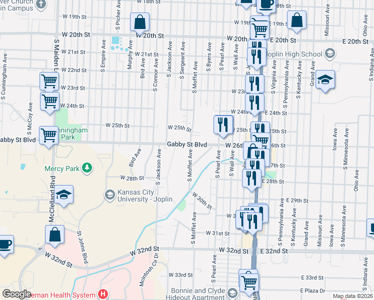 map of restaurants, bars, coffee shops, grocery stores, and more near 612 West 26th Street in Joplin