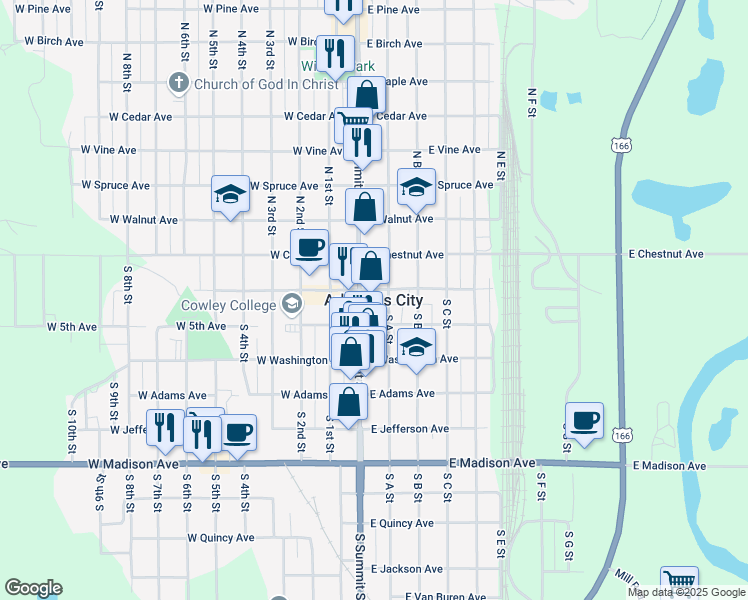 map of restaurants, bars, coffee shops, grocery stores, and more near in Arkansas City