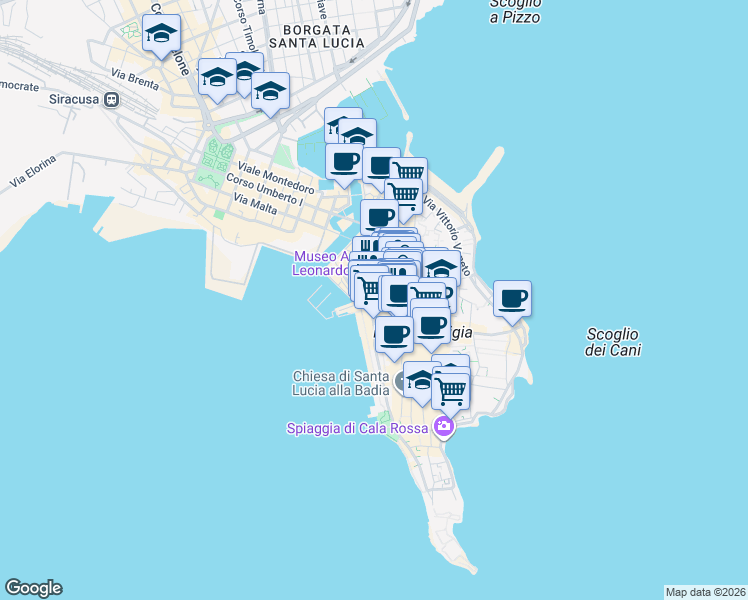 map of restaurants, bars, coffee shops, grocery stores, and more near 36 Via dei Cordari in Siracusa