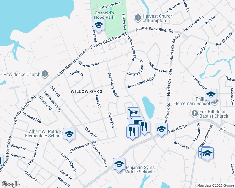 map of restaurants, bars, coffee shops, grocery stores, and more near 207 Missionary Ridge in Hampton