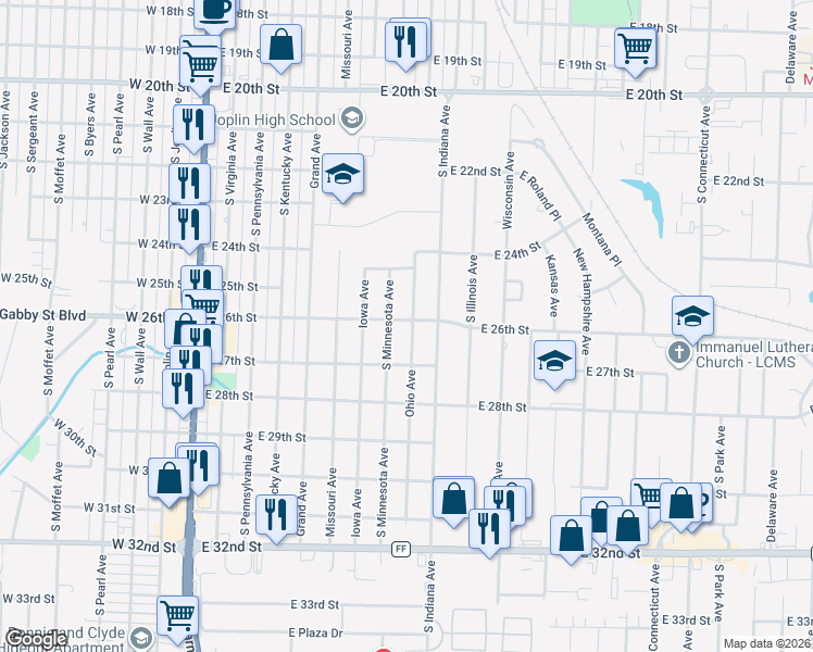 map of restaurants, bars, coffee shops, grocery stores, and more near 2602 Ohio Avenue in Joplin