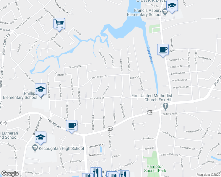 map of restaurants, bars, coffee shops, grocery stores, and more near 471 Alma Court in Hampton