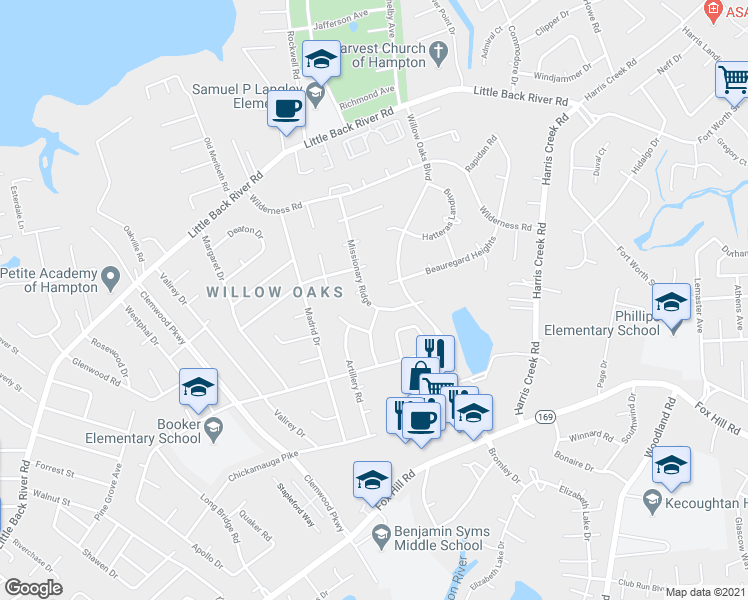 map of restaurants, bars, coffee shops, grocery stores, and more near 207 Missionary Ridge in Hampton