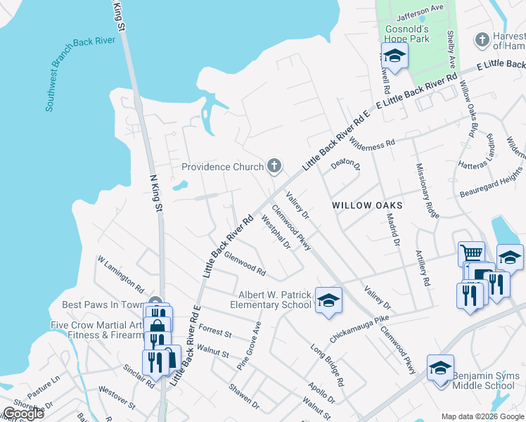 map of restaurants, bars, coffee shops, grocery stores, and more near 1 Westphal Drive in Hampton