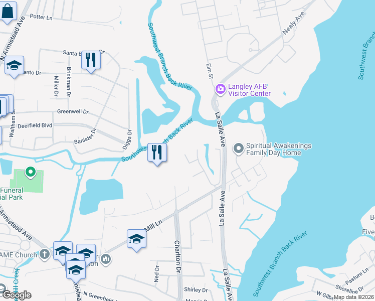 map of restaurants, bars, coffee shops, grocery stores, and more near Gateway Drive in Hampton