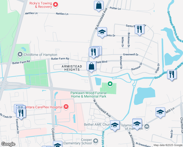 map of restaurants, bars, coffee shops, grocery stores, and more near 2632 North Armistead Avenue in Hampton