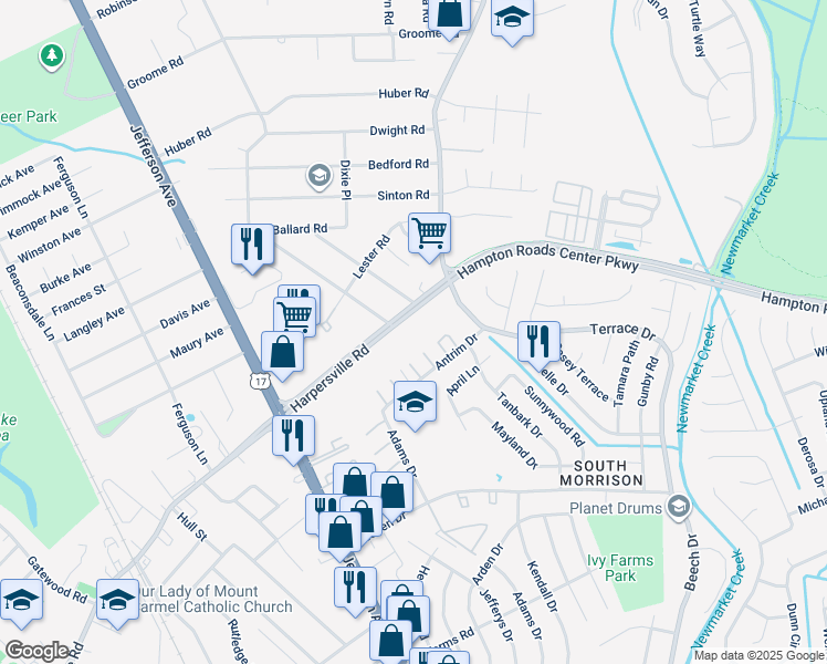 map of restaurants, bars, coffee shops, grocery stores, and more near 474 Harpersville Road in Newport News