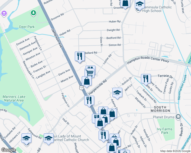 map of restaurants, bars, coffee shops, grocery stores, and more near 438 Lester Road in Newport News