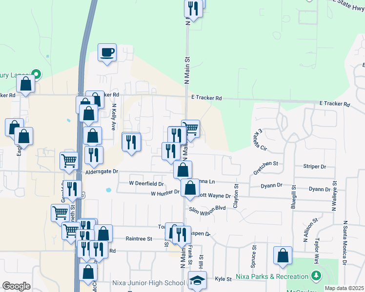 map of restaurants, bars, coffee shops, grocery stores, and more near 1202 North Main Street in Nixa