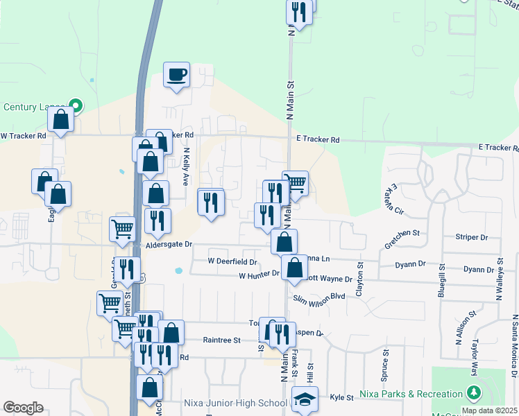 map of restaurants, bars, coffee shops, grocery stores, and more near 1201 Viola Street in Nixa