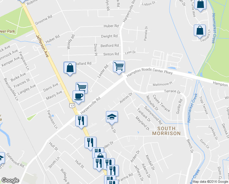 map of restaurants, bars, coffee shops, grocery stores, and more near 474 Harpersville Road in Newport News