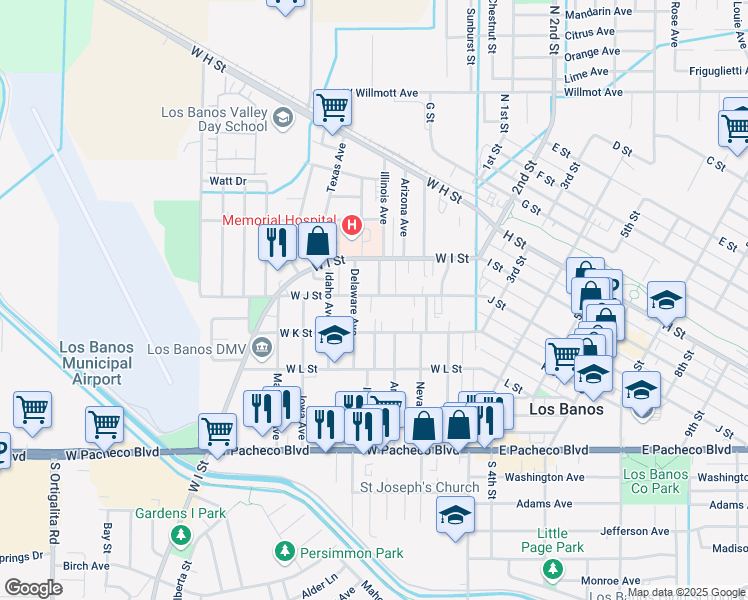 map of restaurants, bars, coffee shops, grocery stores, and more near 401 West J Street in Los Banos