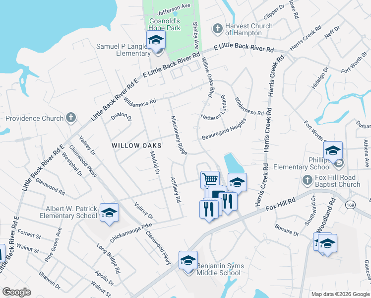 map of restaurants, bars, coffee shops, grocery stores, and more near 207 Missionary Ridge in Hampton