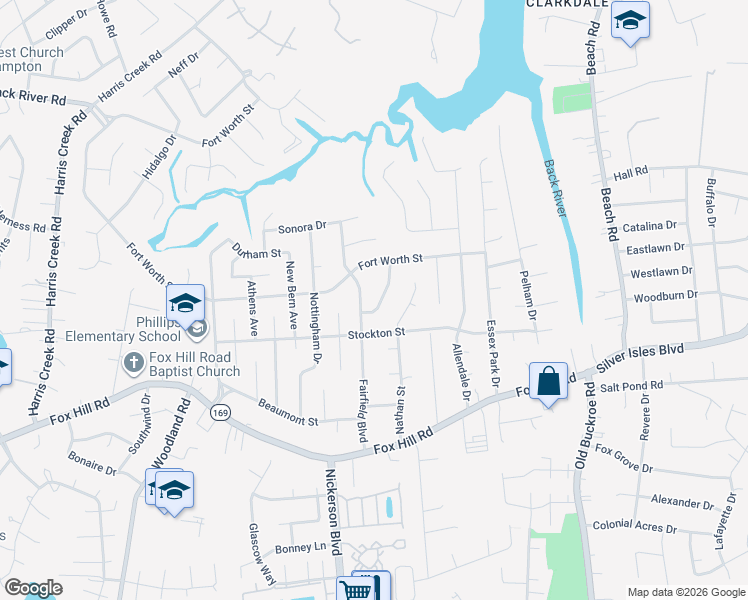 map of restaurants, bars, coffee shops, grocery stores, and more near 469 Duchess Court in Hampton