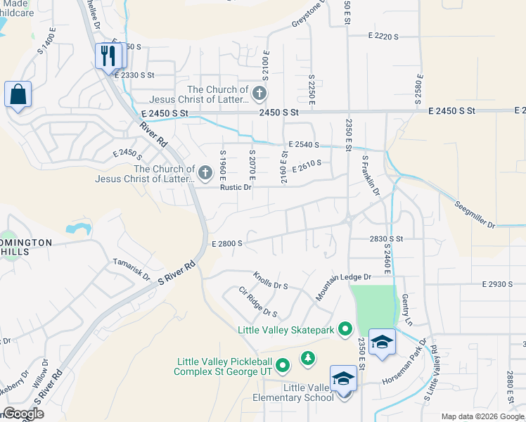 map of restaurants, bars, coffee shops, grocery stores, and more near 2095 Coyote Springs Drive in St. George
