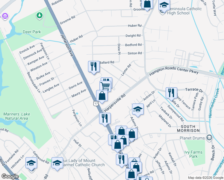 map of restaurants, bars, coffee shops, grocery stores, and more near 438 Lester Road in Newport News