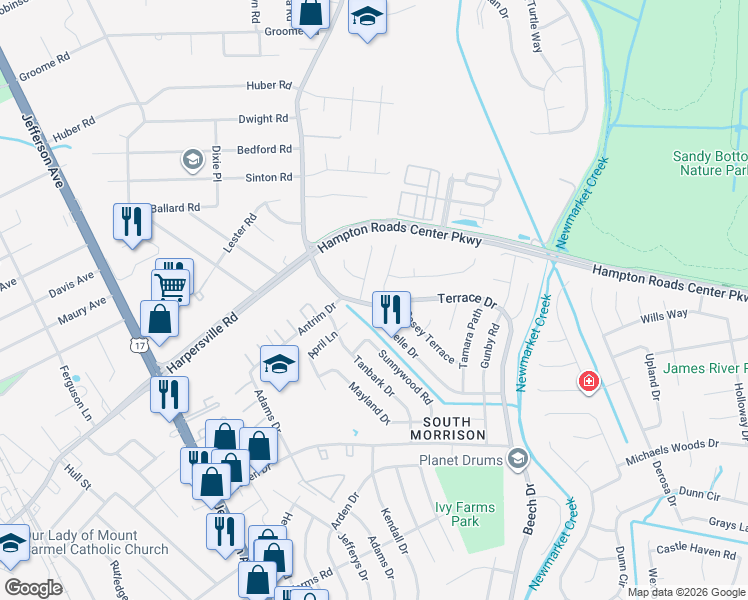 map of restaurants, bars, coffee shops, grocery stores, and more near 797 Terrace Drive in Newport News