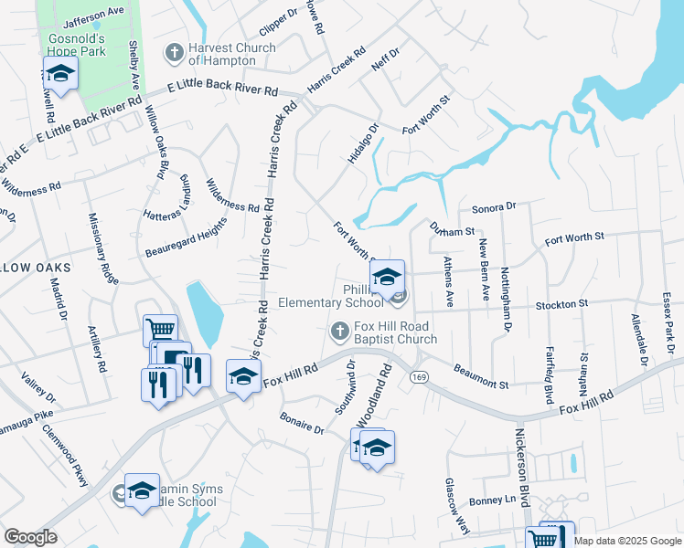 map of restaurants, bars, coffee shops, grocery stores, and more near 339 Cabot Drive in Hampton