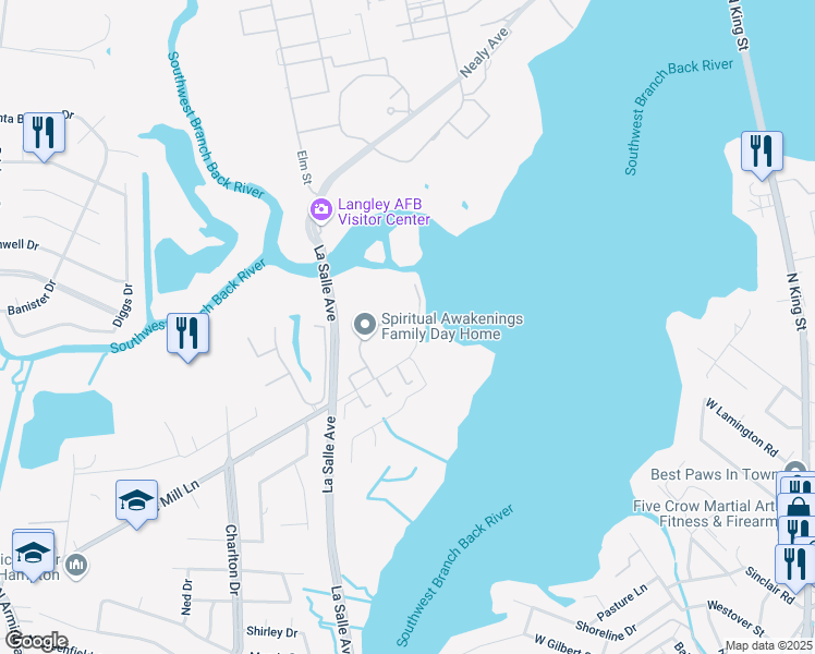 map of restaurants, bars, coffee shops, grocery stores, and more near 125 Tide Mill Lane in Hampton