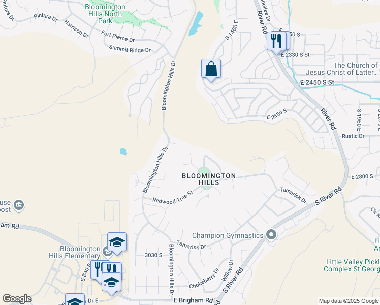 map of restaurants, bars, coffee shops, grocery stores, and more near 2811 Juniper Circle in St. George