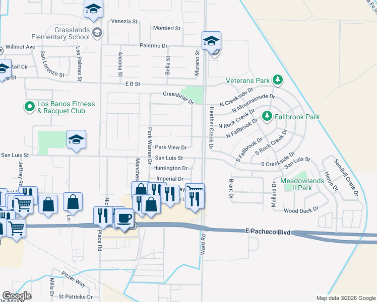 map of restaurants, bars, coffee shops, grocery stores, and more near 2239 Park View Drive in Los Banos