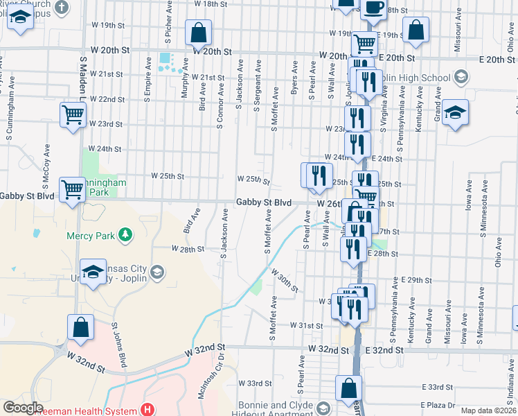 map of restaurants, bars, coffee shops, grocery stores, and more near 612 W 26th St in Joplin