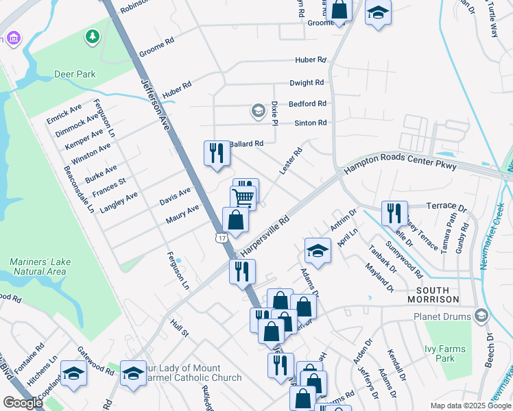 map of restaurants, bars, coffee shops, grocery stores, and more near 435 Lester Road in Newport News