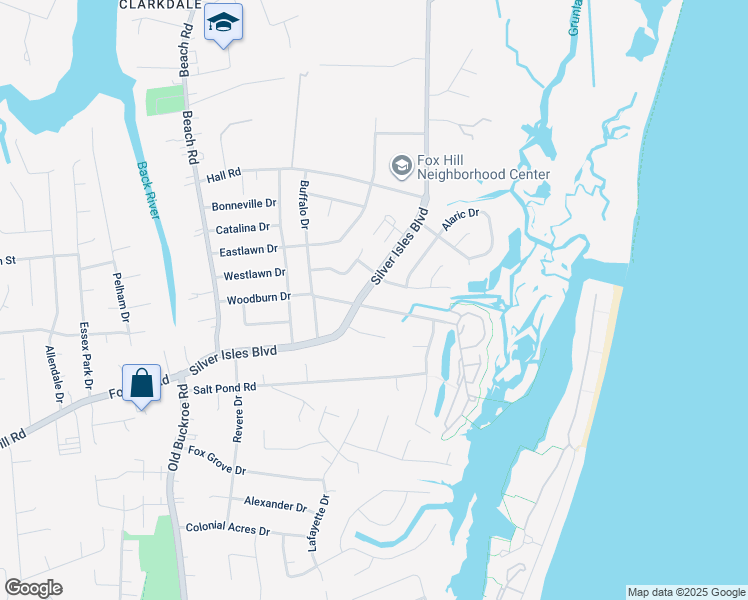 map of restaurants, bars, coffee shops, grocery stores, and more near 203 Woodburn Drive in Hampton