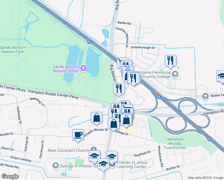 map of restaurants, bars, coffee shops, grocery stores, and more near 1235 Big Bethel Road in Hampton