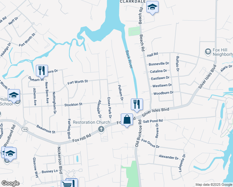 map of restaurants, bars, coffee shops, grocery stores, and more near 503 Angela Court in Hampton