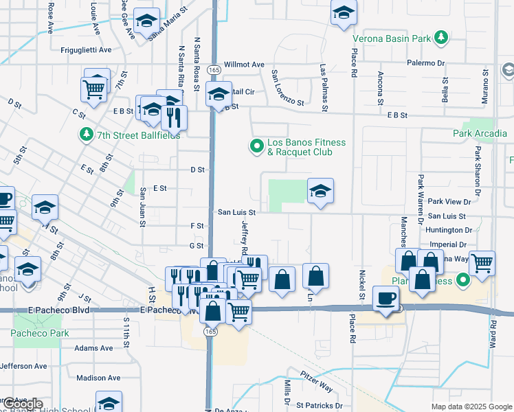 map of restaurants, bars, coffee shops, grocery stores, and more near 1501 Sarba Ct in Los Banos