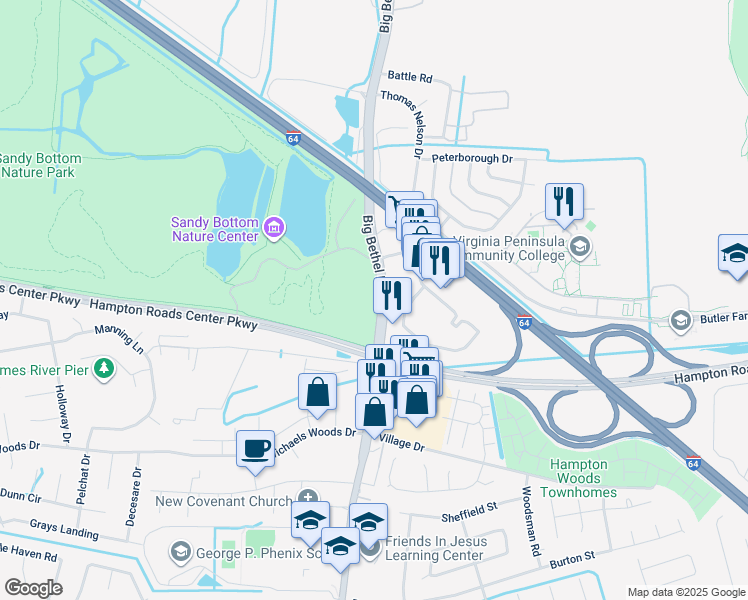 map of restaurants, bars, coffee shops, grocery stores, and more near 1235 Big Bethel Road in Hampton