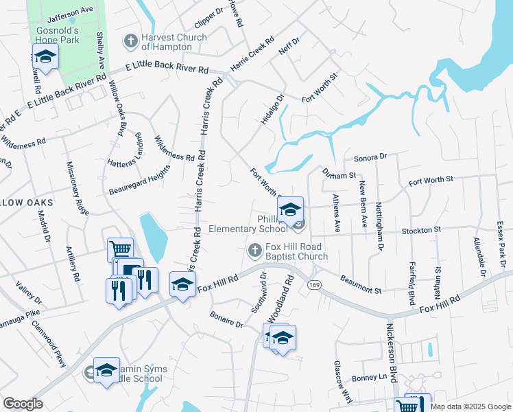 map of restaurants, bars, coffee shops, grocery stores, and more near 339 Cabot Drive in Hampton