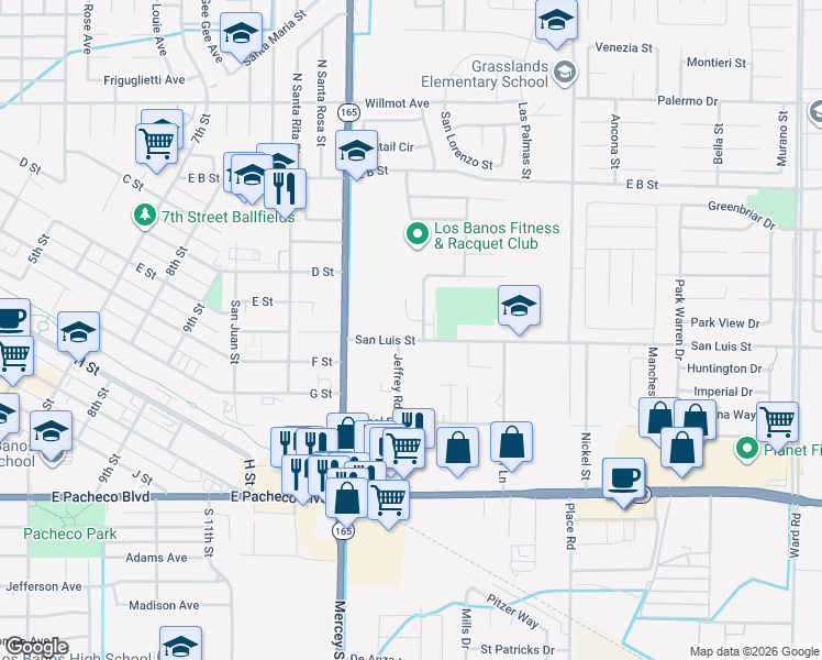 map of restaurants, bars, coffee shops, grocery stores, and more near 1505 Sarba Ct in Los Banos
