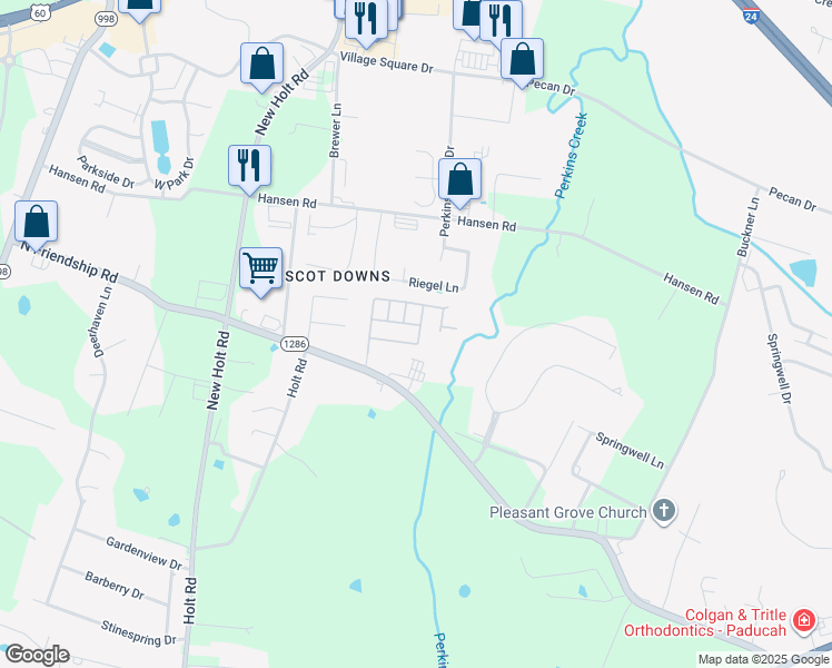 map of restaurants, bars, coffee shops, grocery stores, and more near 100-198 Riegel Lane in Paducah