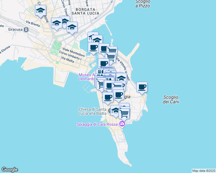 map of restaurants, bars, coffee shops, grocery stores, and more near 36 Via dei Cordari in Siracusa