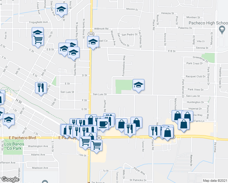 map of restaurants, bars, coffee shops, grocery stores, and more near 1501 Racquet Club Drive in Los Banos
