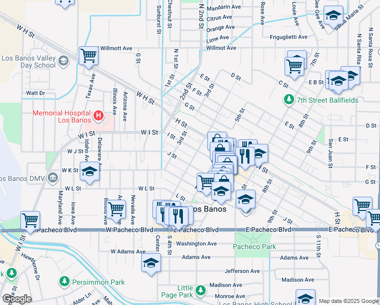 map of restaurants, bars, coffee shops, grocery stores, and more near 332 J Street in Los Banos