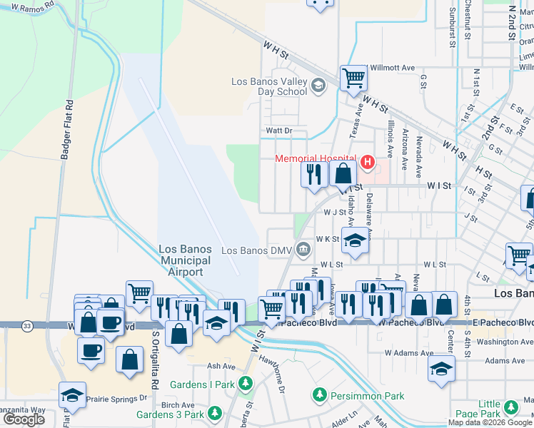 map of restaurants, bars, coffee shops, grocery stores, and more near 1019 West J Street in Los Banos