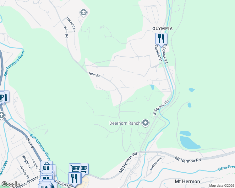 map of restaurants, bars, coffee shops, grocery stores, and more near 7365 Hihn Road in Ben Lomond