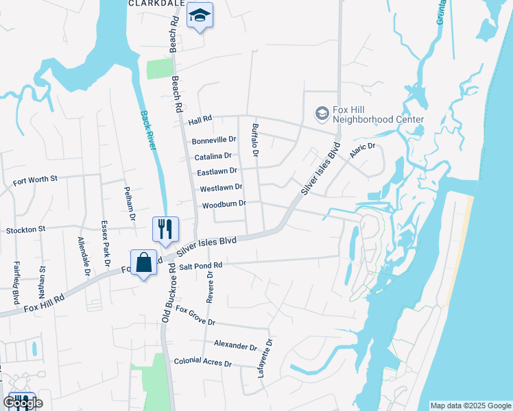map of restaurants, bars, coffee shops, grocery stores, and more near 100 Woodburn Drive in Hampton