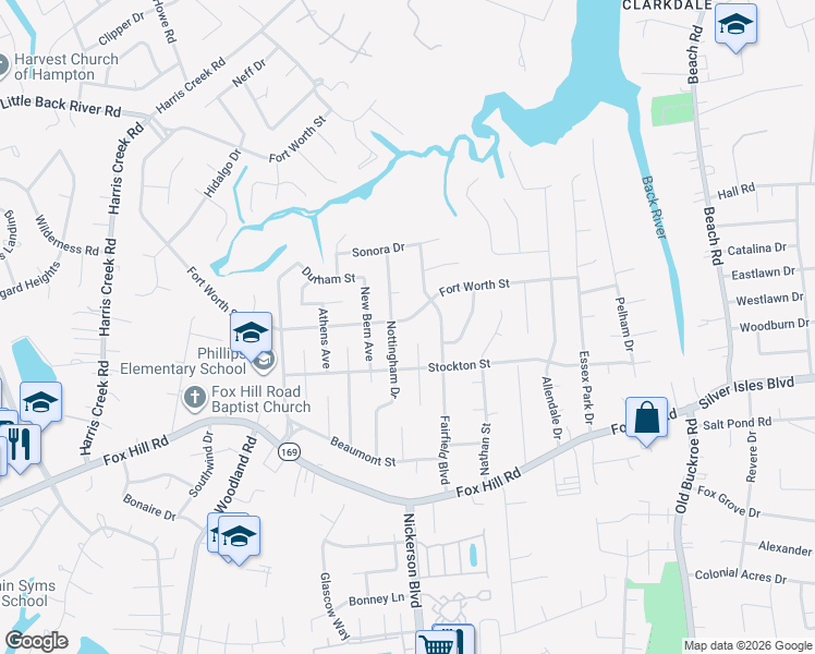 map of restaurants, bars, coffee shops, grocery stores, and more near 710 Kings View Court in Hampton