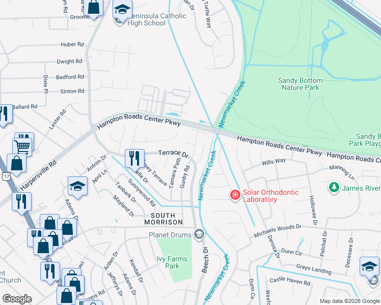 map of restaurants, bars, coffee shops, grocery stores, and more near 762 Gunby Road in Newport News