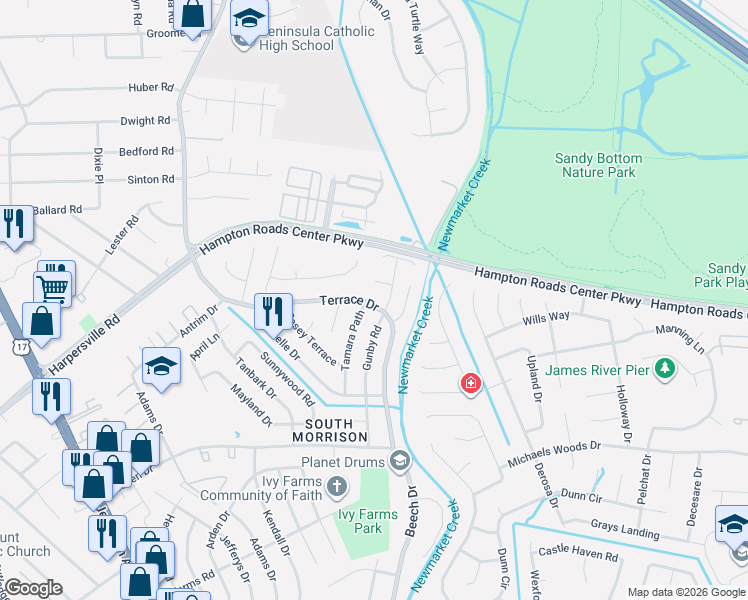 map of restaurants, bars, coffee shops, grocery stores, and more near 750 Terrace Drive in Newport News