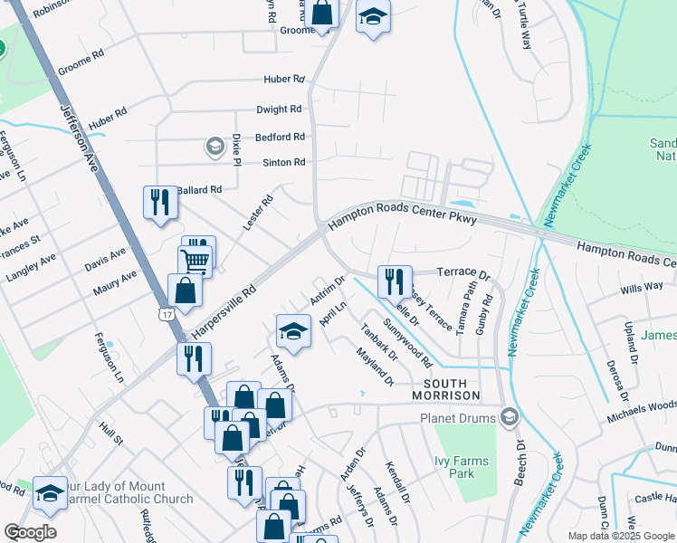 map of restaurants, bars, coffee shops, grocery stores, and more near 802 Terrace Drive in Newport News