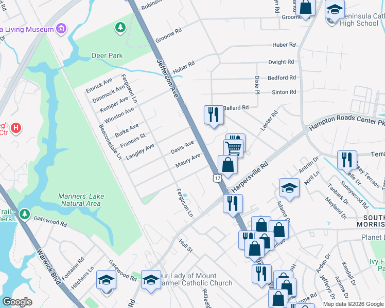 map of restaurants, bars, coffee shops, grocery stores, and more near 43 Maury Avenue in Newport News