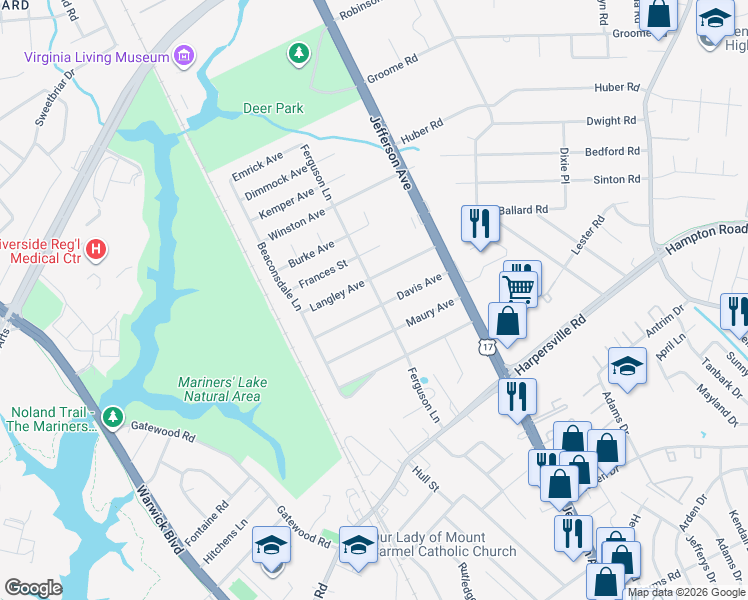 map of restaurants, bars, coffee shops, grocery stores, and more near 23 Davis Avenue in Newport News